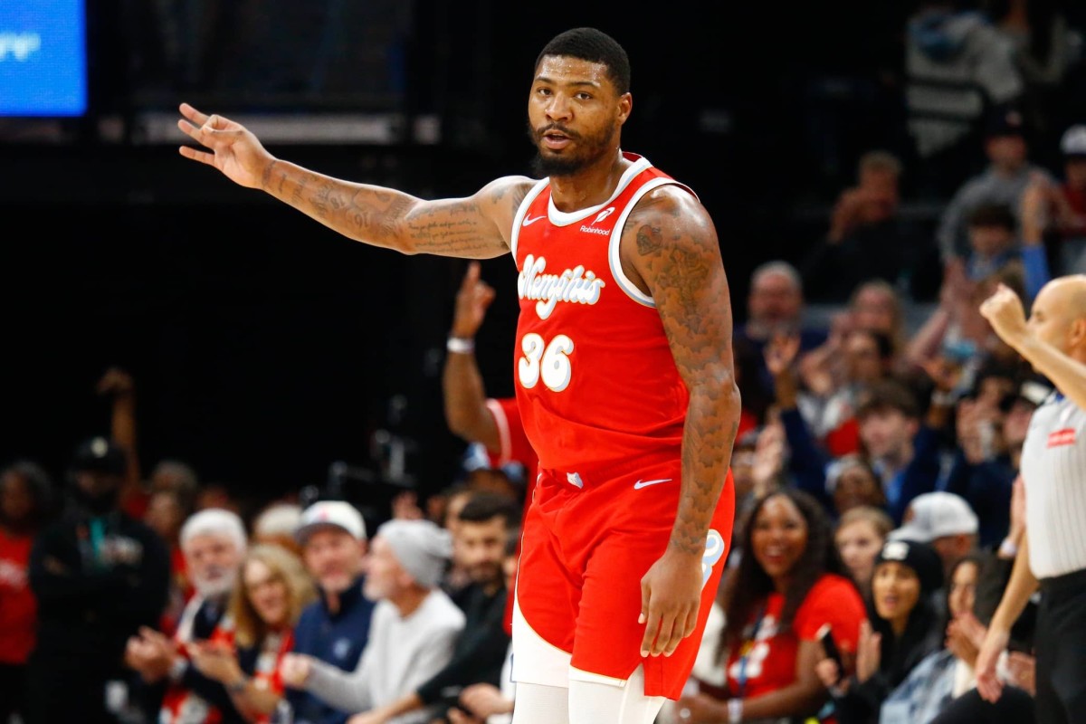 Nov 27, 2024; Memphis, Tennessee, USA; Memphis Grizzlies guard Marcus Smart (36) reacts after a three point basket during the second quarter at FedExForum. Mandatory Credit: Petre Thomas-Imagn Images 