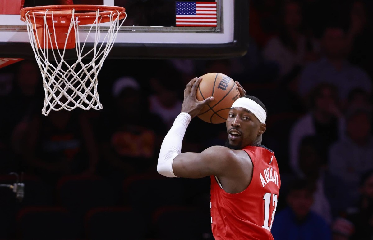 Miami Heat center Bam Adebayo (13) grabs a rebound against the Cleveland Cavaliers during the second half at Kaseya Center. Mandatory Credit: Rhona Wise-Imagn Images