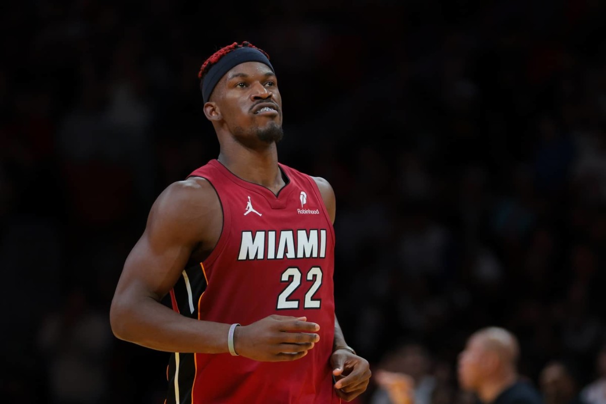 Miami Heat forward Jimmy Butler (22) looks on against the Milwaukee Bucks during the fourth quarter at Kaseya Center.