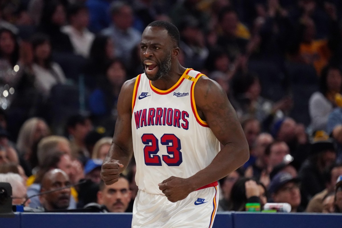 San Francisco, California, USA; Golden State Warriors forward Draymond Green (23) celebrates against the Minnesota Timberwolves in the fourth period at Chase Center. Mandatory Credit: David Gonzales-Imagn Images