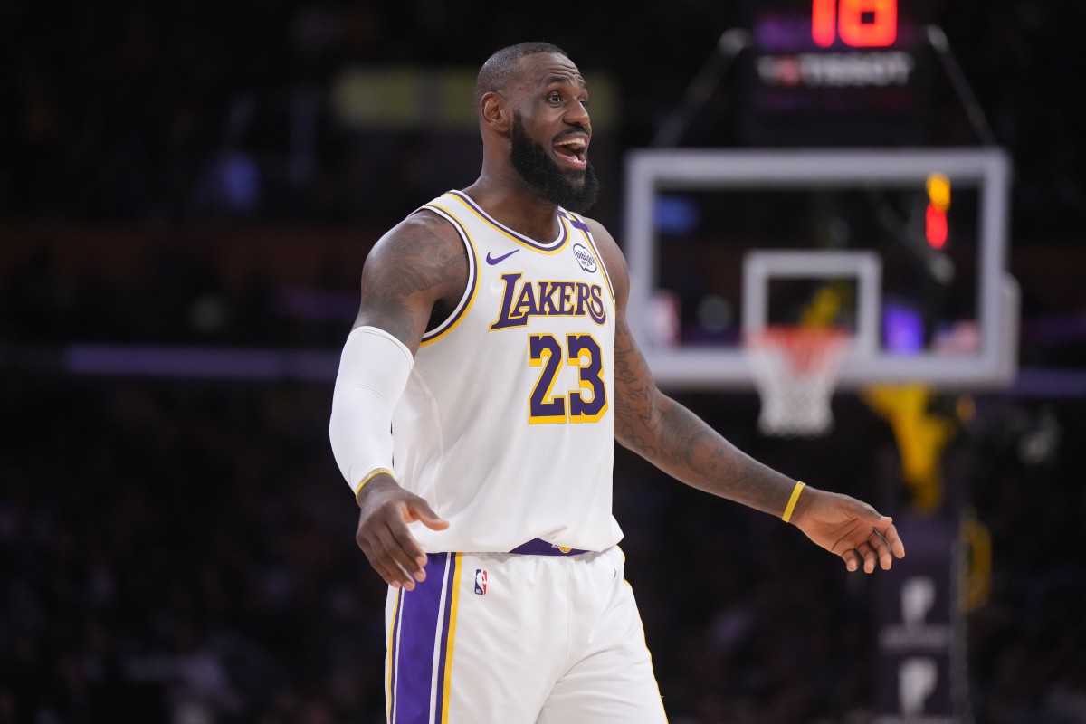 Los Angeles Lakers forward LeBron James (23) reacts in the first half against the Memphis Grizzlies at Crypto.com Arena. Mandatory Credit: Kirby Lee-Imagn Images