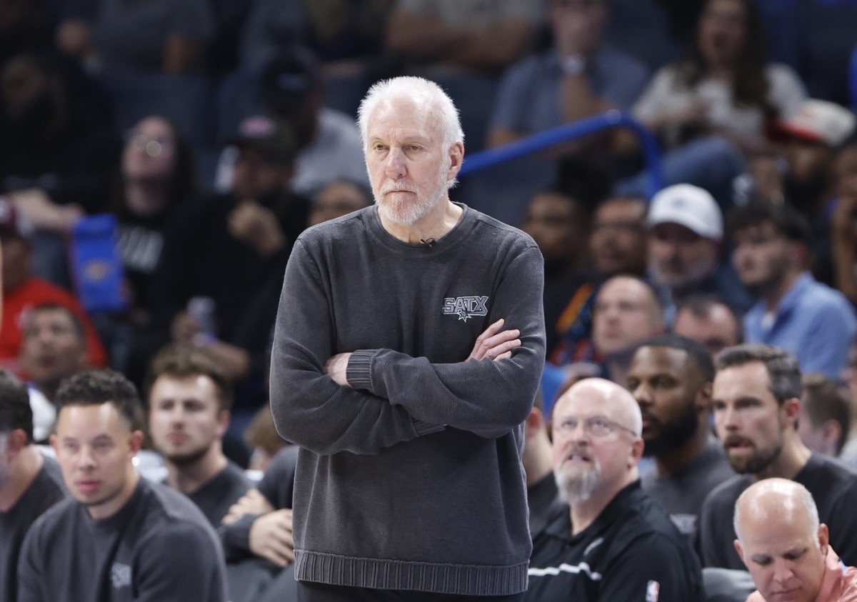 Oct 30, 2024; Oklahoma City, Oklahoma, USA; San Antonio Spurs head coach Gregg Popovich watches his team play against the Oklahoma City Thunder during the second half at Paycom Center. Mandatory Credit: Alonzo Adams-Imagn Images