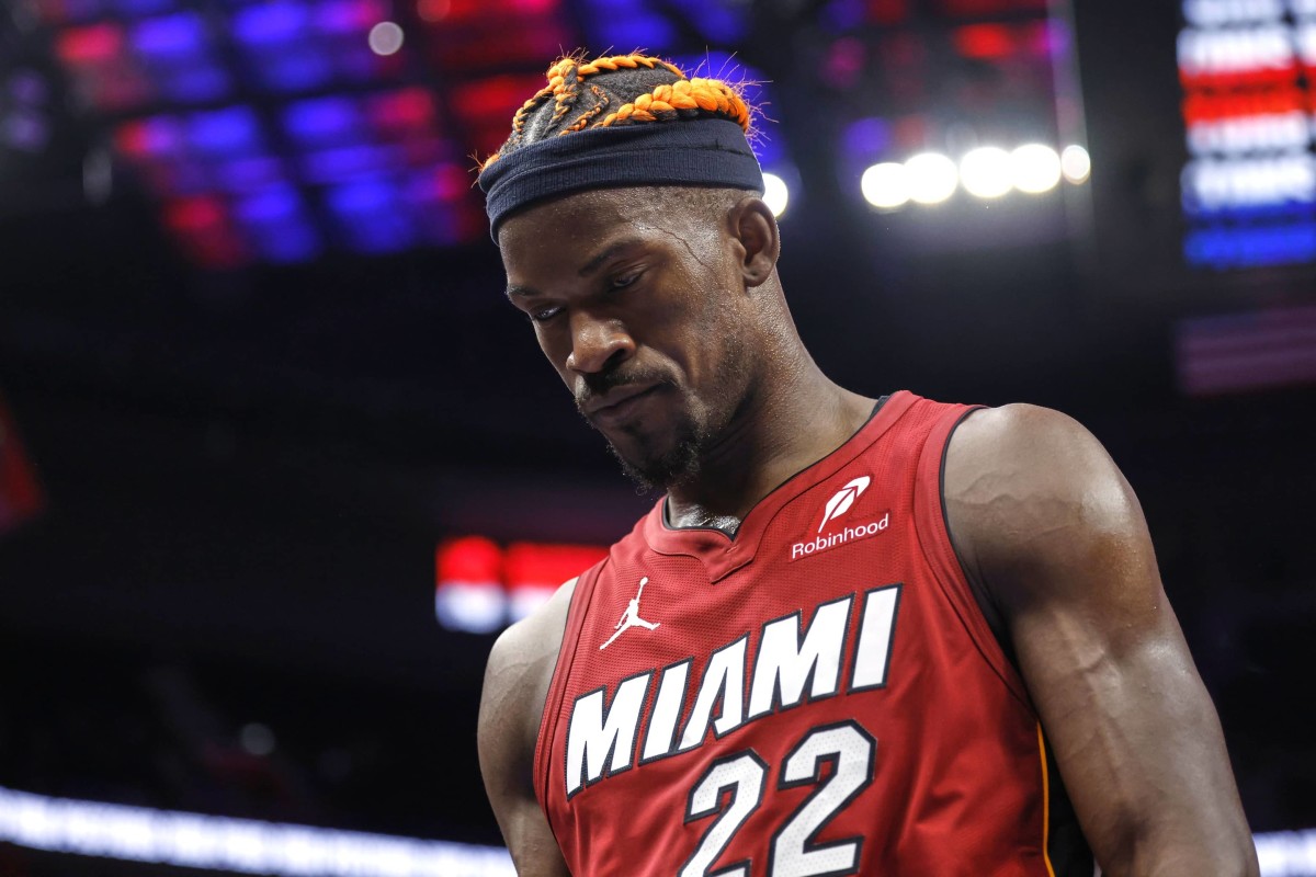 Miami Heat forward Jimmy Butler (22) walks off the court after the game against the Detroit Pistons at Little Caesars Arena.