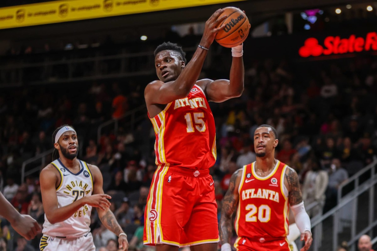 Mar 25, 2023; Atlanta, Georgia, USA; Atlanta Hawks center Clint Capela (15) grabs a rebound against the Indiana Pacers in the first quarter at State Farm Arena.