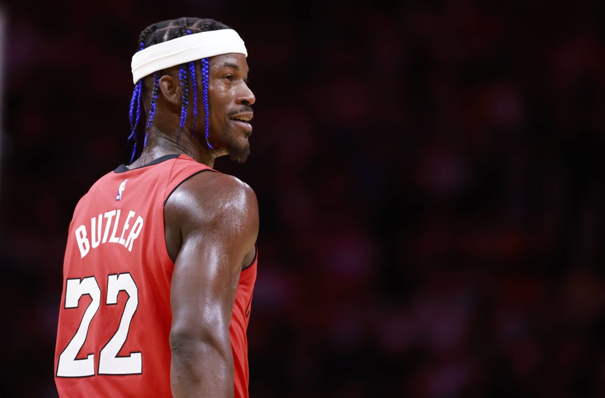 Miami Heat forward Jimmy Butler (22) smiles at the bench against the Cleveland Cavaliers during the second half at Kaseya Center