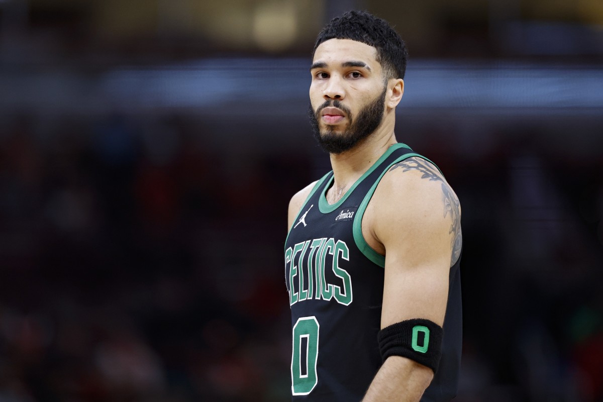 Dec 21, 2024; Chicago, Illinois, USA; Boston Celtics forward Jayson Tatum (0) looks on during the first half against the Chicago Bulls at United Center. Mandatory Credit: Kamil Krzaczynski-Imagn Images