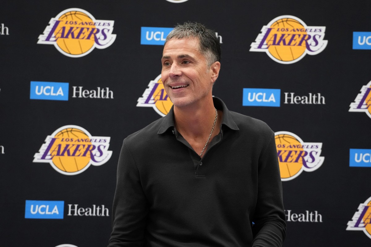 Los Angeles Lakers general manager Rob Pelinka at press conference at UCLA Health Training Center.
