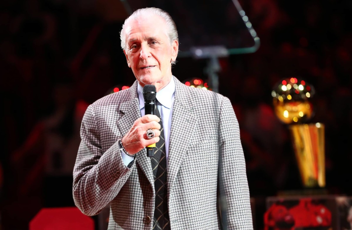 Miami Heat president Pat Riley speaks during a jersey and number retirement ceremony for Dwyane Wade (not pictured) at American Airlines Arena.