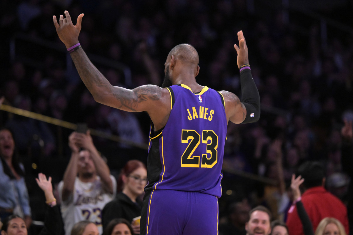 Jan 17, 2025; Los Angeles, California, USA; Los Angeles Lakers forward LeBron James (23) celebrates after a 3-point basket in the first half against the Brooklyn Nets at Crypto.com Arena. Mandatory Credit: Jayne Kamin-Oncea-Imagn Images  