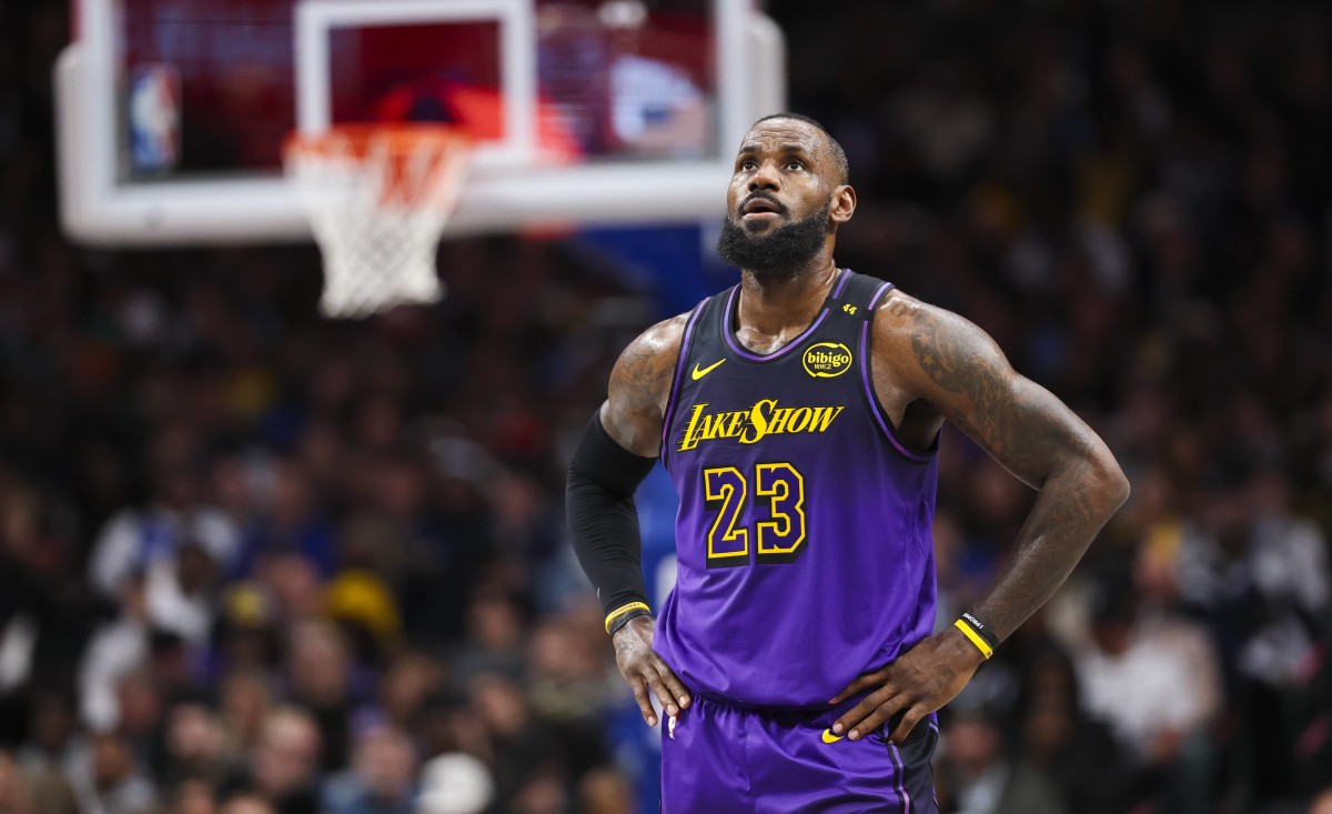 Dallas, Texas, USA; Los Angeles Lakers forward LeBron James (23) reacts against the Dallas Mavericks during the second half at American Airlines Center. Mandatory Credit: Kevin Jairaj-Imagn Images