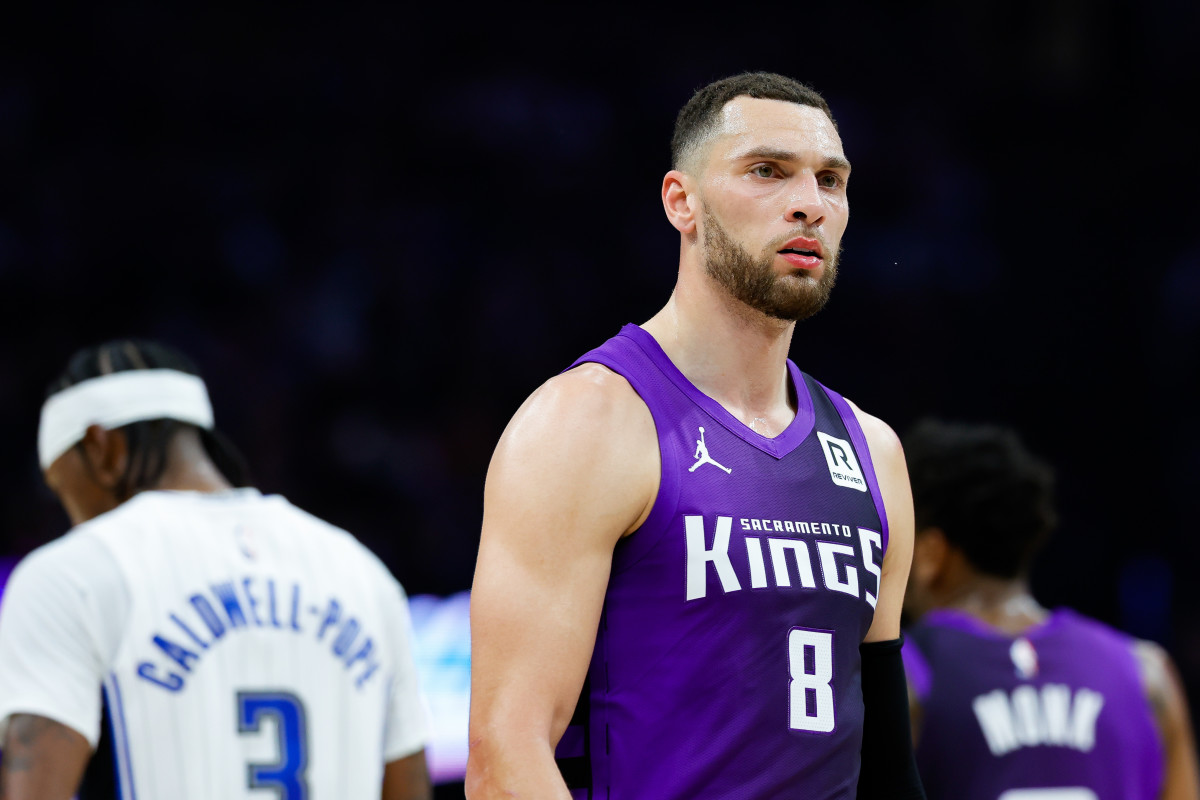 Feb 5, 2025; Sacramento, California, USA; Sacramento Kings guard Zach LaVine (8) looks on during the first quarter against the Orlando Magic at Golden 1 Center. Mandatory Credit: Sergio Estrada-Imagn Images