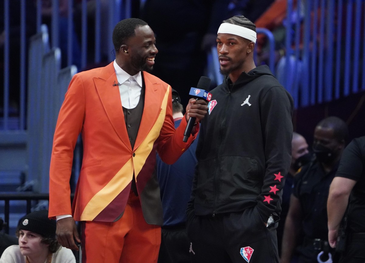 Draymond Green interviews Jimmy Butler after the 2022 NBA All-Star Game at Rocket Mortgage FieldHouse. Mandatory Credit: Kyle Terada-Imagn Images