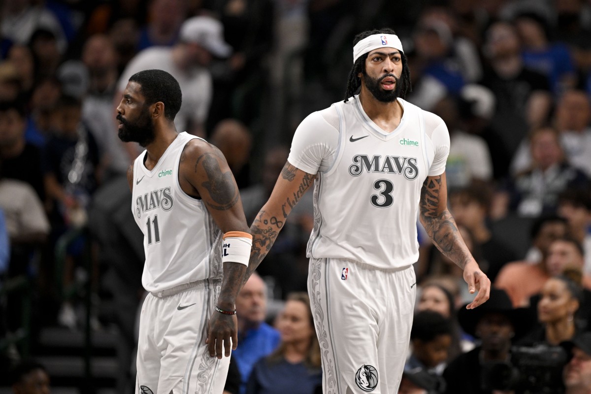 Dallas Mavericks guard Kyrie Irving (11) and forward Anthony Davis (3) during the game between the Dallas Mavericks and the Houston Rockets at the American Airlines Center.