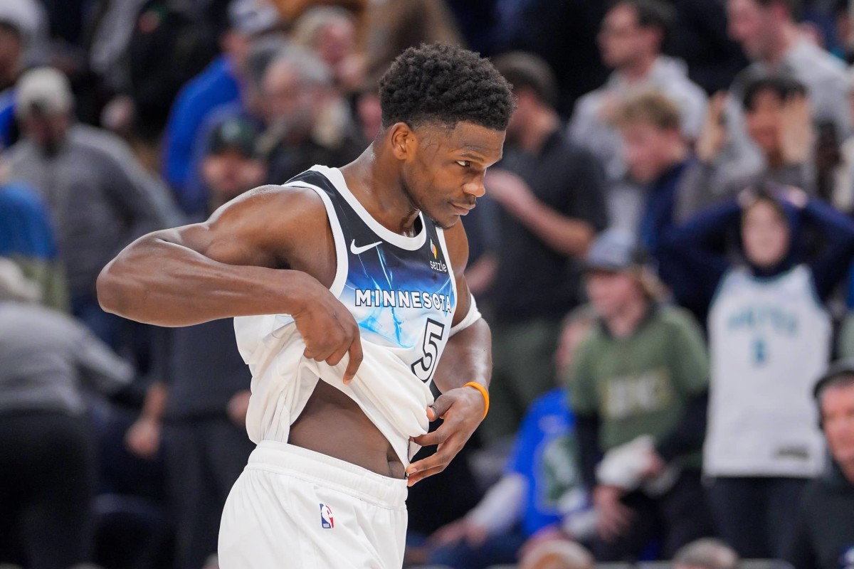 Feb 12, 2025; Minneapolis, Minnesota, USA; Minnesota Timberwolves guard Anthony Edwards (5) walks off the court after losing to the Milwaukee Bucks at Target Center. Mandatory Credit: Brad Rempel-Imagn Images