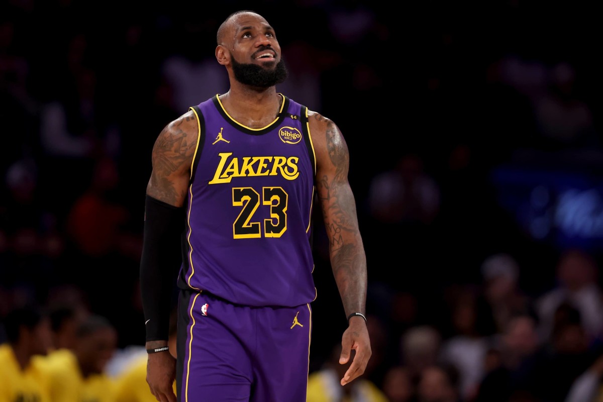 Los Angeles Lakers forward LeBron James (23) reacts during the second quarter against the New York Knicks at Madison Square Garden.