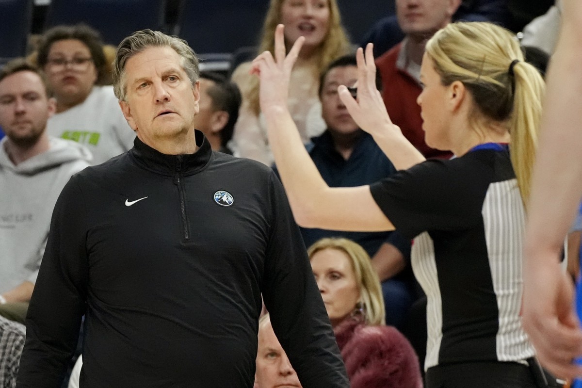 Minnesota Timberwolves head coach Chris Finch reacts to a call by referee Jenna Shroeder in the first quarter of the game with the Oklahoma City Thunder at Target Center. Mandatory Credit: Bruce Kluckhohn-Imagn Images