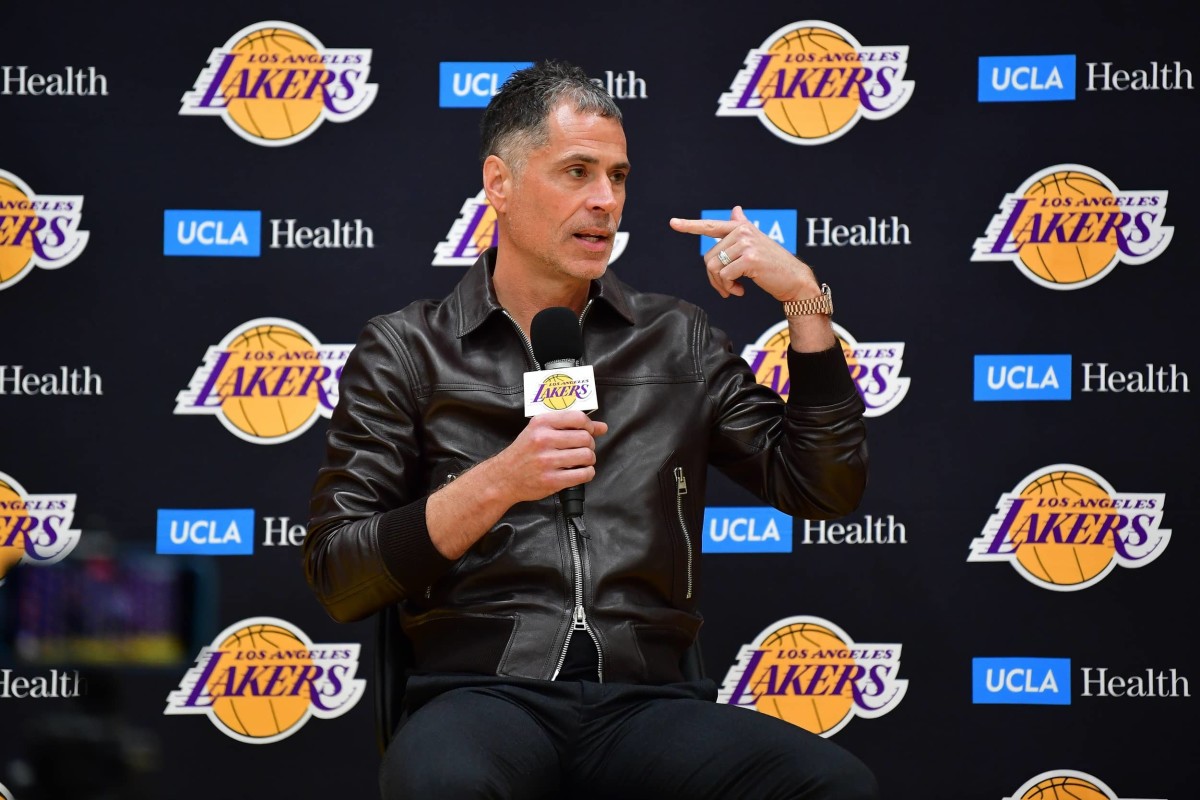 Los Angeles Lakers vice president of basketball operations and general manager Rob Pelinka introduced guard Luka Doncic at UCLA Health Training Center. Mandatory Credit: Gary A. Vasquez-Imagn Images