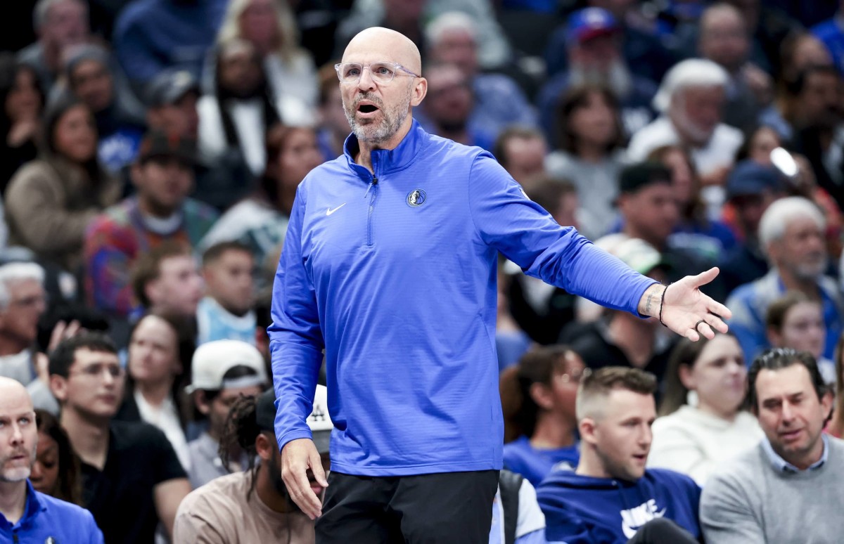 Dallas Mavericks head coach Jason Kidd reacts during the game against the Charlotte Hornets at American Airlines Center.