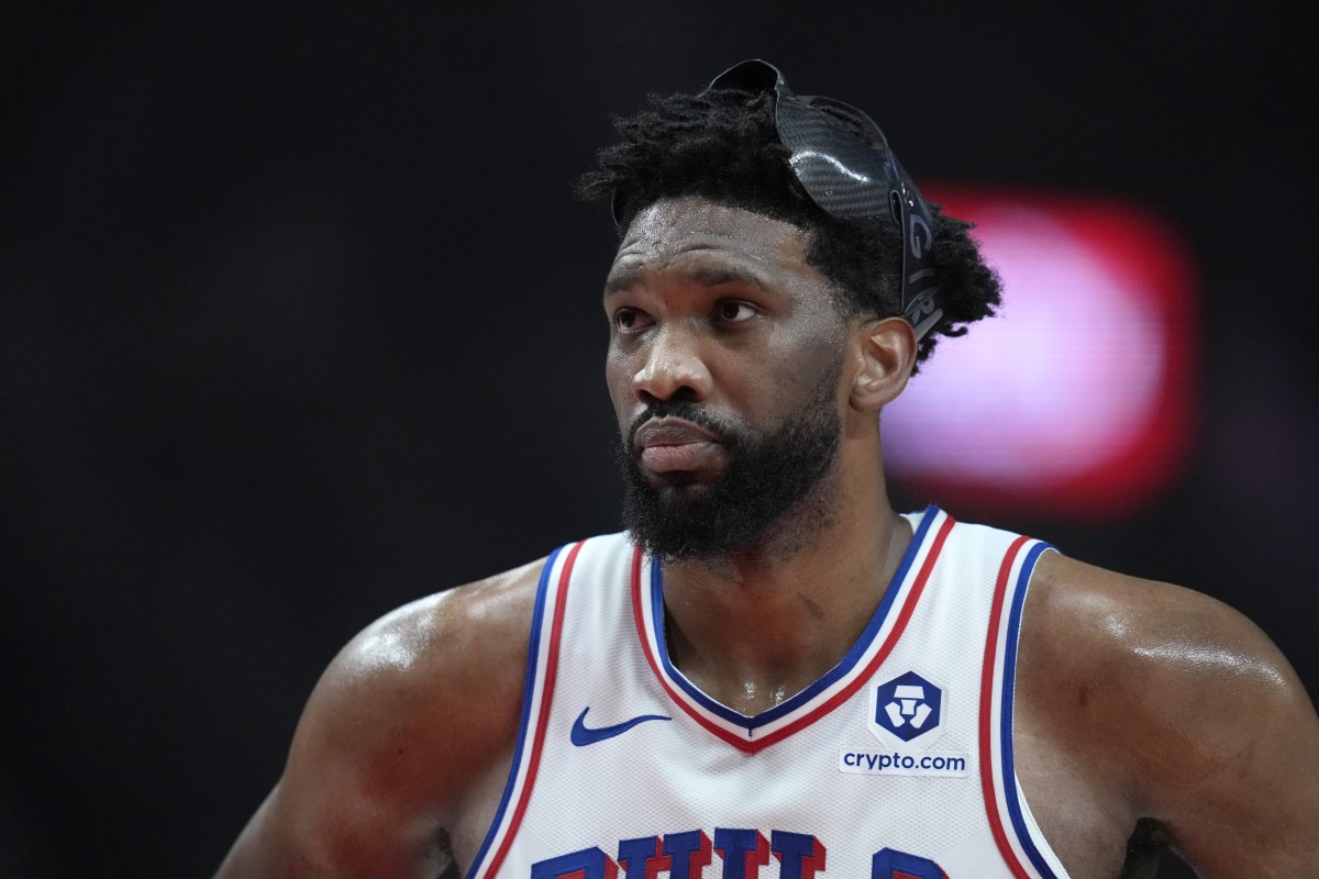 Philadelphia 76ers center Joel Embiid (21) looks on during the first half against the Portland Trail Blazers at Moda Center.