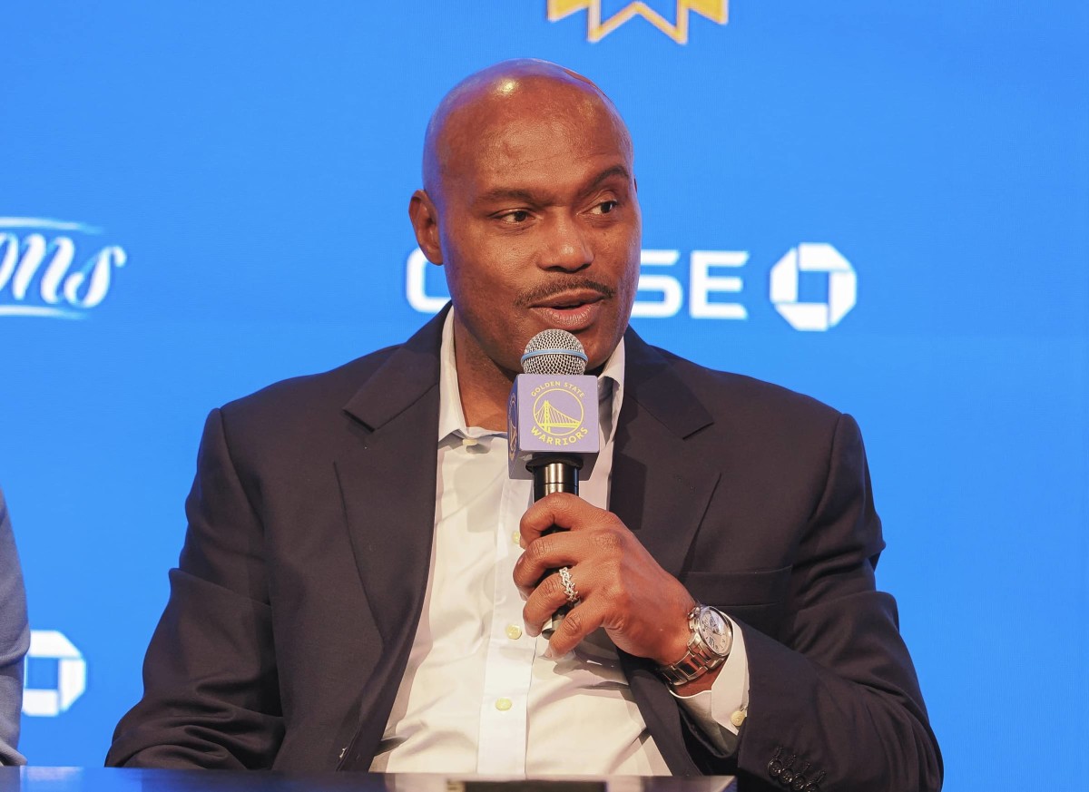 Former Golden State Warriors player Tim Hardaway speaks to the media before the game against the San Antonio Spurs at Chase Center.