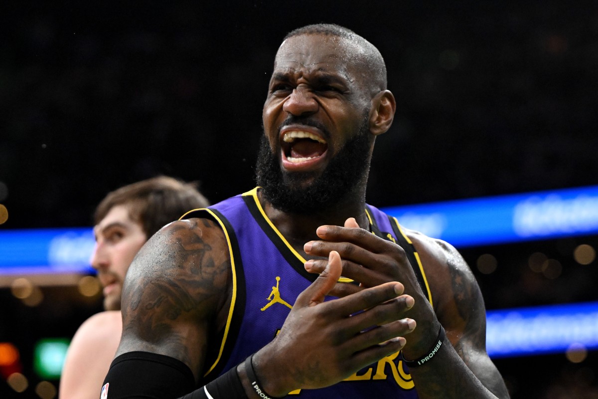 Los Angeles Lakers forward LeBron James (23) reacts after a non-call against the Boston Celtics during the second quarter at the TD Garden. Mandatory Credit: Brian Fluharty-Imagn Images