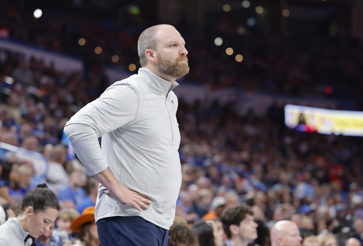 Mar 27, 2025; Oklahoma City, Oklahoma, USA; Memphis Grizzlies head coach Taylor Jenkins watches his team play against the Oklahoma City Thunder during the second half at Paycom Center. Mandatory Credit- Alonzo Adams-Imagn Images