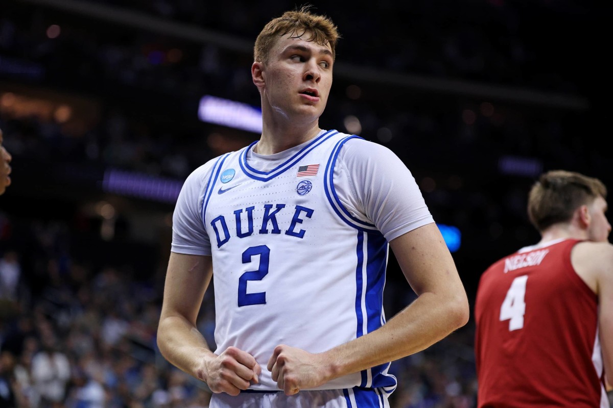 Newark, NJ, USA; Duke Blue Devils forward Cooper Flagg (2) celebrates after a basket during the first half against the Alabama Crimson Tide in the East Regional final of the 2025 NCAA tournament at Prudential Center. Mandatory Credit: Vincent Carchietta-Imagn Images