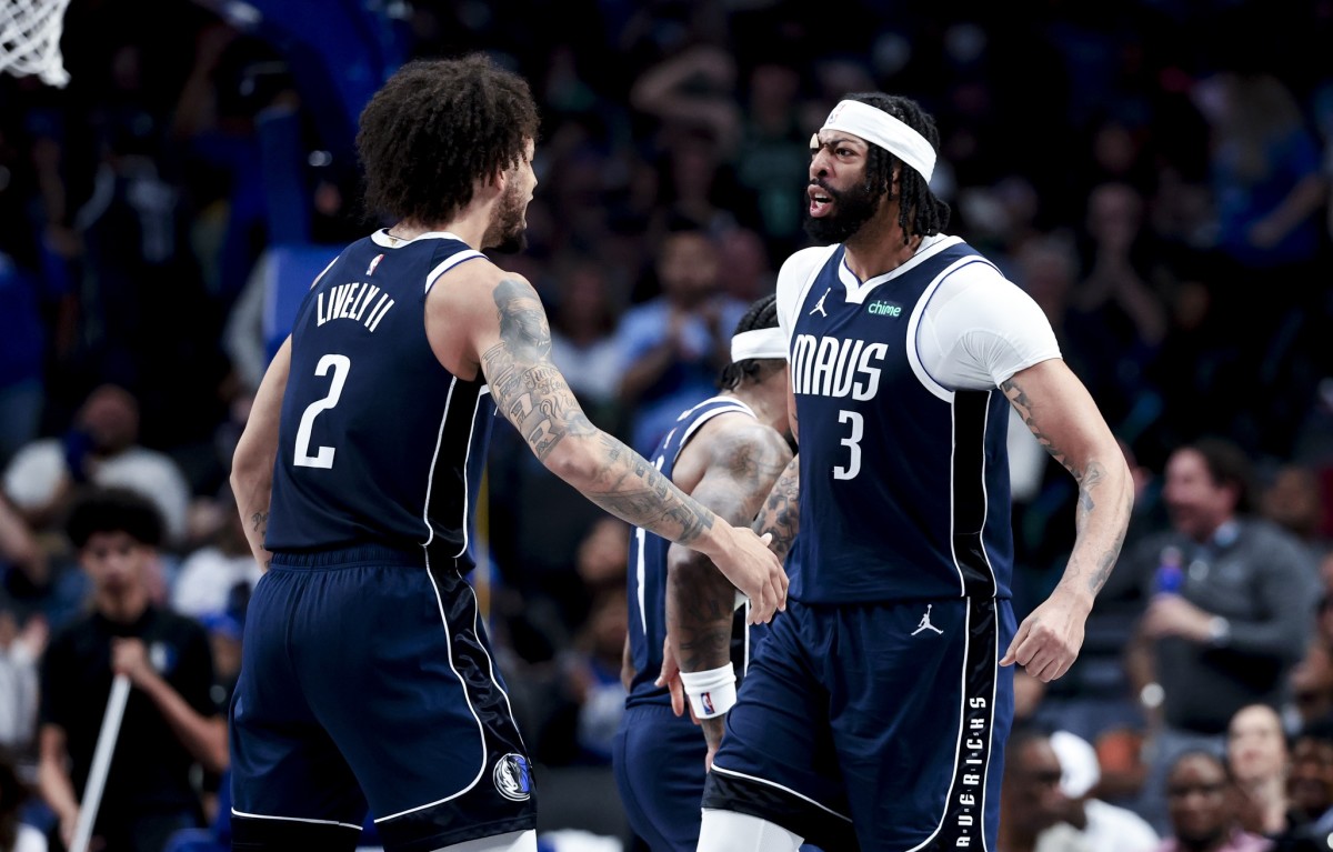  Dallas Mavericks forward Anthony Davis (3) celebrates with Dallas Mavericks center Dereck Lively II (2) after scoring during the fourth quarter against the Atlanta Hawks at American Airlines Center. Mandatory Credit: Kevin Jairaj-Imagn Images