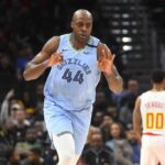 Memphis Grizzlies Anthony Tolliver (44) reacts after making a three point shot against the Atlanta Hawks during the first half at State Farm Arena.