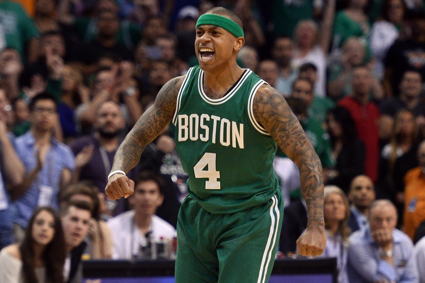 Mar 26, 2016; Phoenix, AZ, USA; Boston Celtics guard Isaiah Thomas (4) reacts against the Phoenix Suns during the second half at Talking Stick Resort Arena. The Celtics won 102-99. Mandatory Credit: Joe Camporeale-USA TODAY Sports