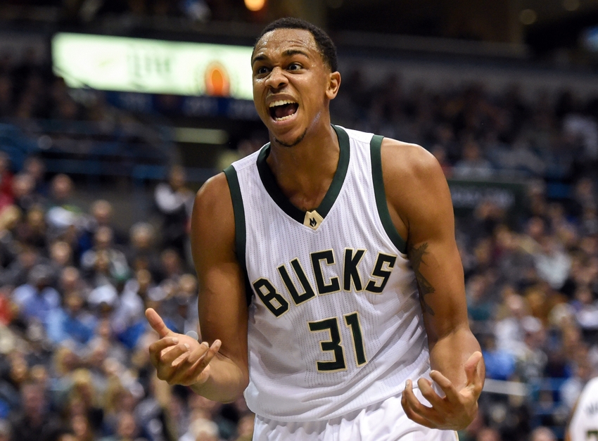 Dec 12, 2015; Milwaukee, WI, USA; Milwaukee Bucks forward John Henson (31) reacts to a call in the second quarter during the game against the Golden State Warriors at BMO Harris Bradley Center. Mandatory Credit: Benny Sieu-USA TODAY Sports