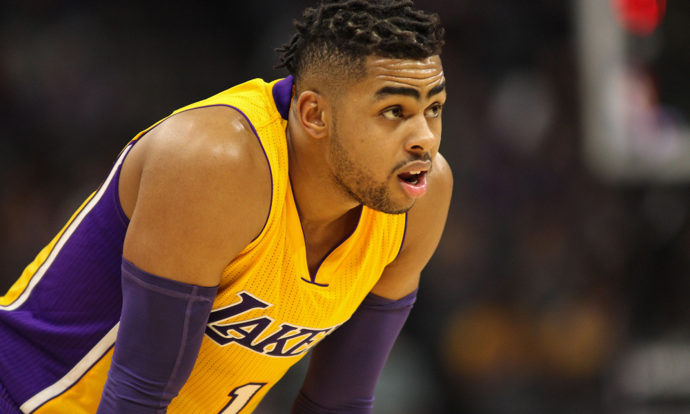 Nov 10, 2016; Sacramento, CA, USA;  Los Angeles Lakers guard D'Angelo Russell (1) looks on against the Sacramento Kings during the second half at Golden 1 Center. The Lakers won the game 101-91. Mandatory Credit: Sergio Estrada-USA TODAY Sports