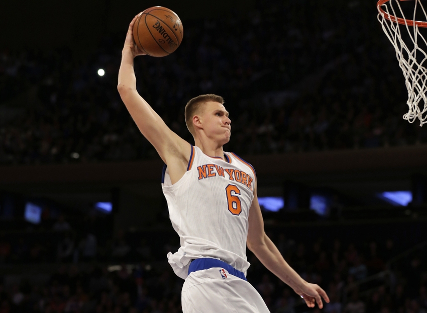 Feb 26, 2016; New York, NY, USA; New York Knicks forward Kristaps Porzingis (6) slam dunks the ball against the Orlando Magic during the second half at Madison Square Garden. The Knicks defeated the Magic 108-95. Mandatory Credit: Adam Hunger-USA TODAY Sports