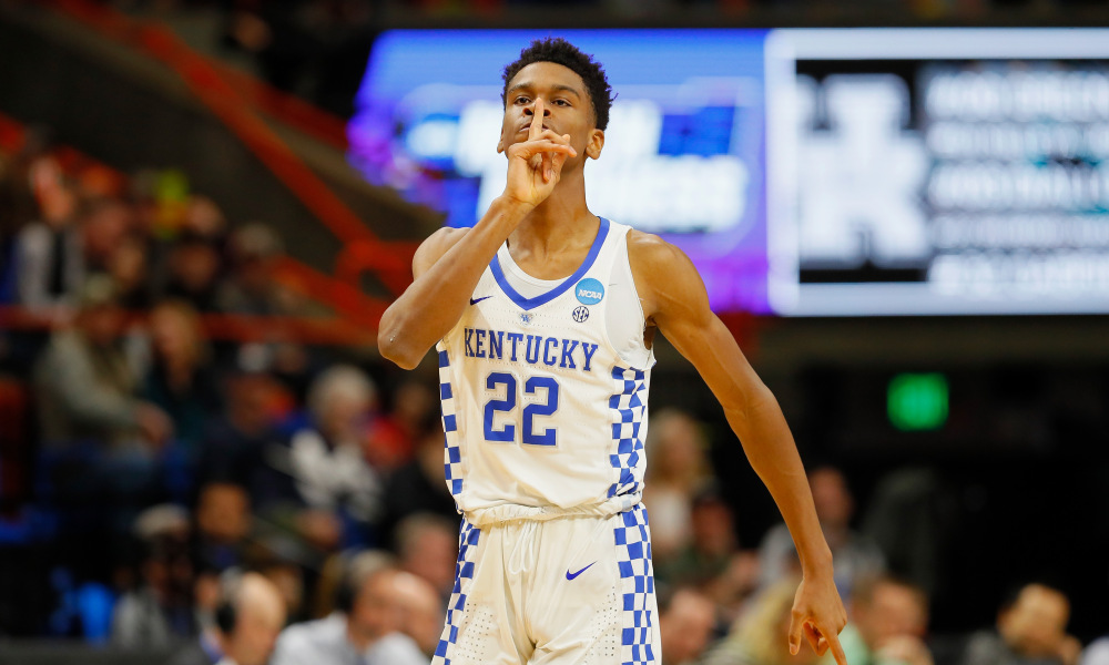 BOISE, ID - MARCH 17:  Shai Gilgeous-Alexander #22 of the Kentucky Wildcats gestures during the first half against the Buffalo Bulls in the second round of the 2018 NCAA Men's Basketball Tournament at Taco Bell Arena on March 17, 2018 in Boise, Idaho.  (Photo by Kevin C. Cox/Getty Images)