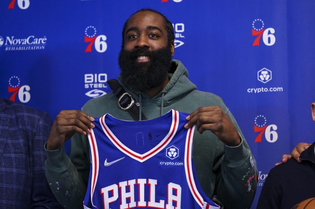 Feb 15, 2022; Camden, NJ, USA; Philadelphia 76ers guard James Harden (1) and owner Josh Harris (L) pose for a photo after speaking with the media at Philadelphia 76ers Training Complex. Mandatory Credit: Bill Streicher-Imagn Images