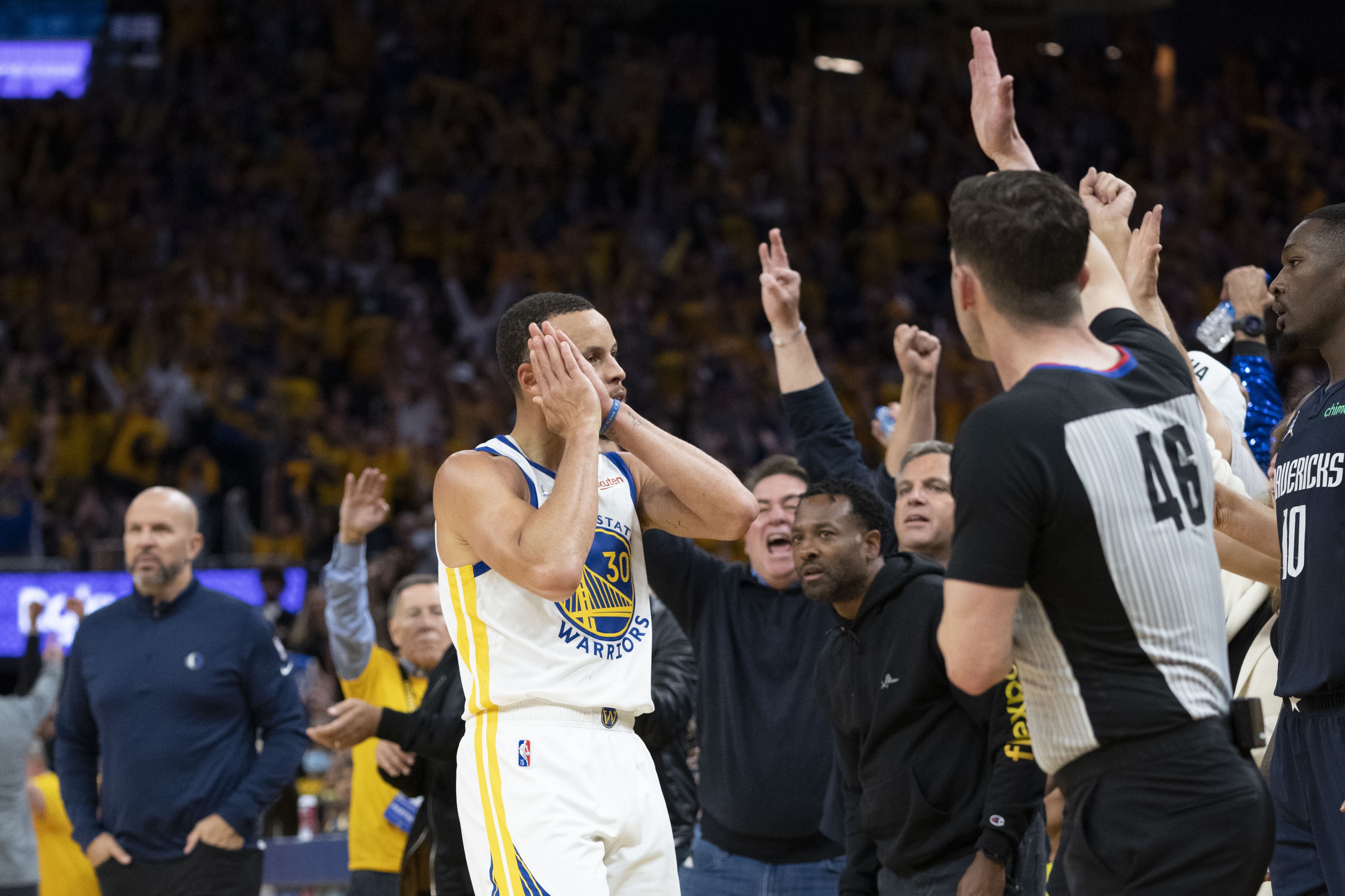 Nov 25, 2024; San Francisco, California, USA; Golden State Warriors guard Stephen Curry (30) reacts after hitting three-point shot against the Brooklyn Nets during the first half at Chase Center. Mandatory Credit: John Hefti-Imagn Images