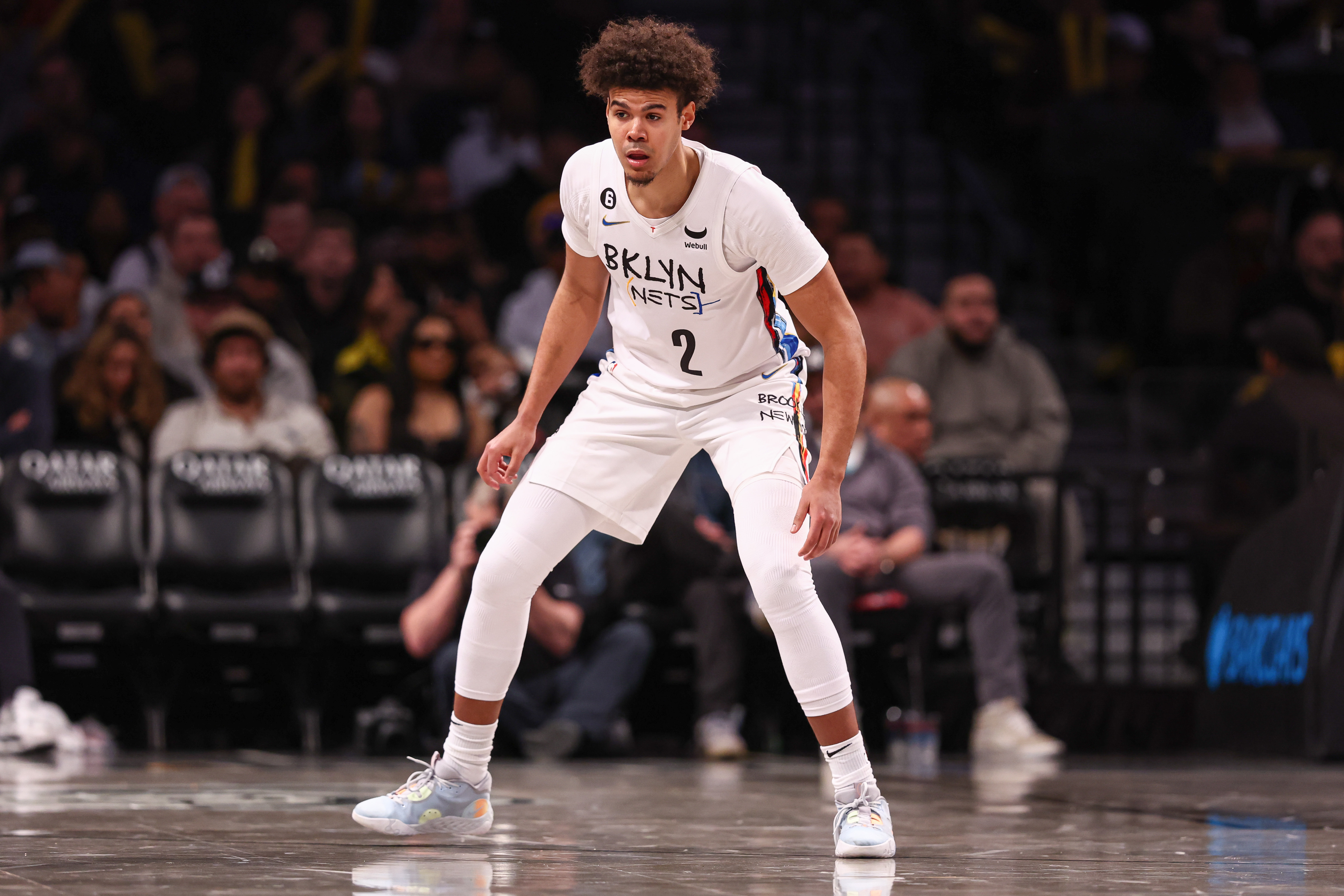 Nov 9, 2024; Cleveland, Ohio, USA; Brooklyn Nets forward Cameron Johnson (2) celebrates a basket in the fourth quarter against the Cleveland Cavaliers at Rocket Mortgage FieldHouse. Mandatory Credit: David Richard-Imagn Images  