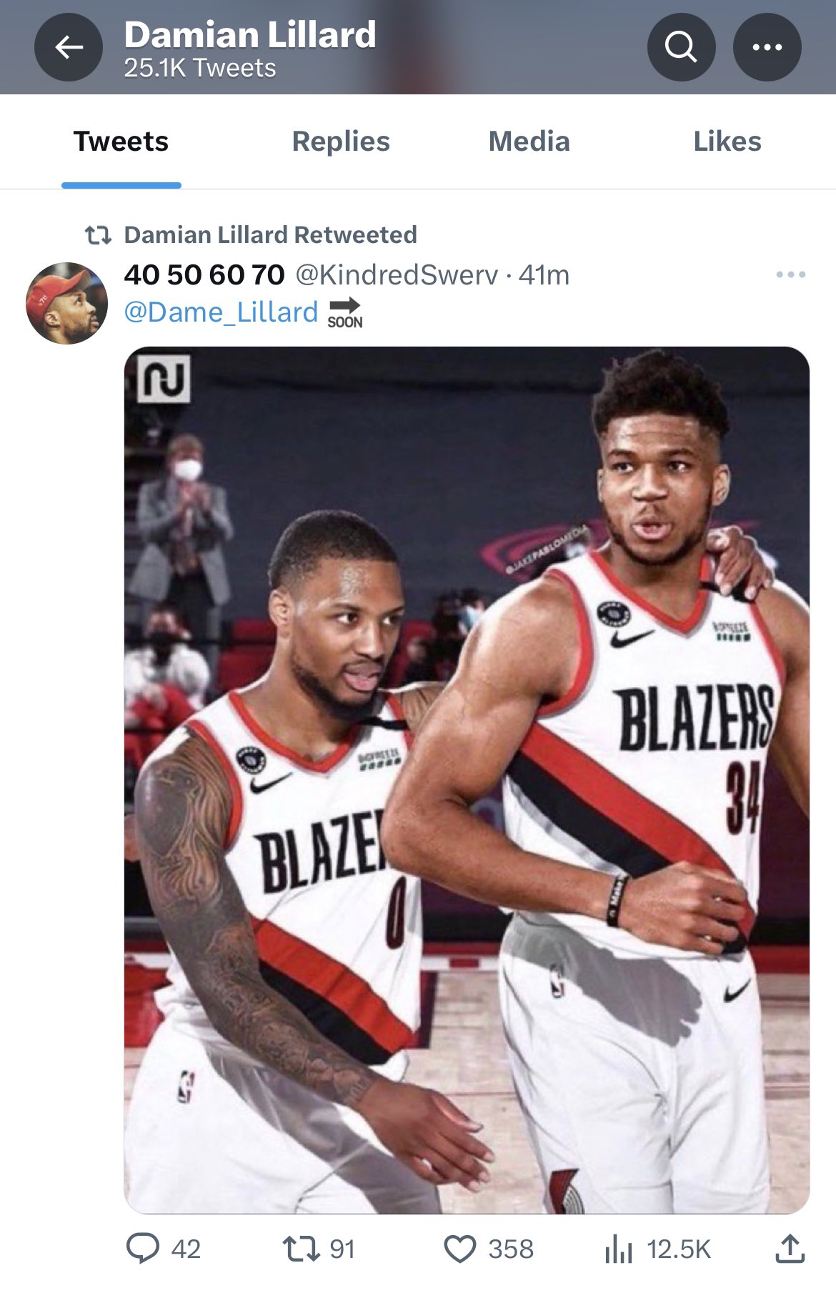 Damian Lillard Retweeted A Picture Of Him And Giannis Antetokounmpo In The Portland Trail Blazers Jersey