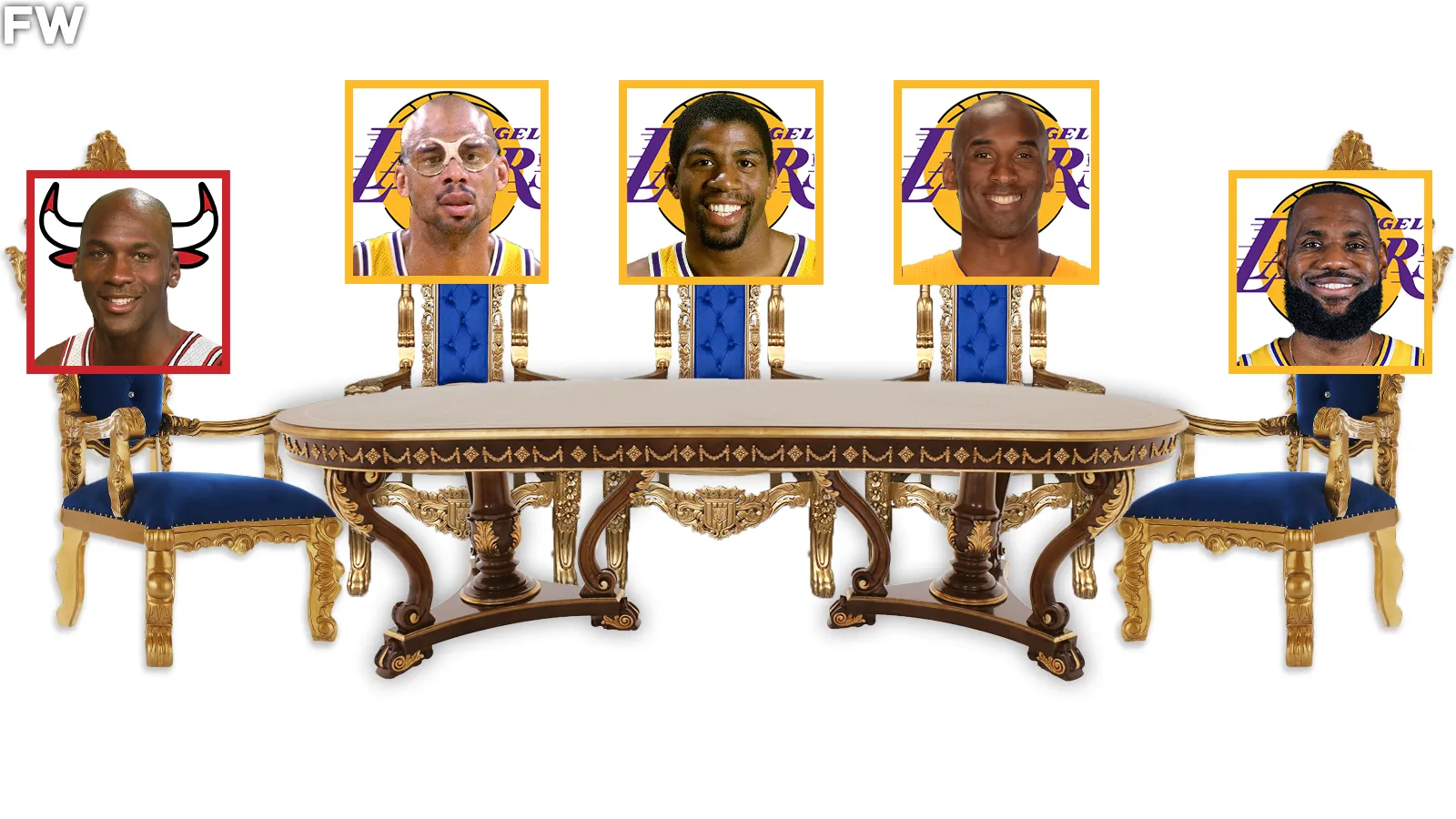GOATs Table - Michael Jordan, LeBron James, Kareem Abdul-Jabbar, Kobe Bryant, Magic Johnson