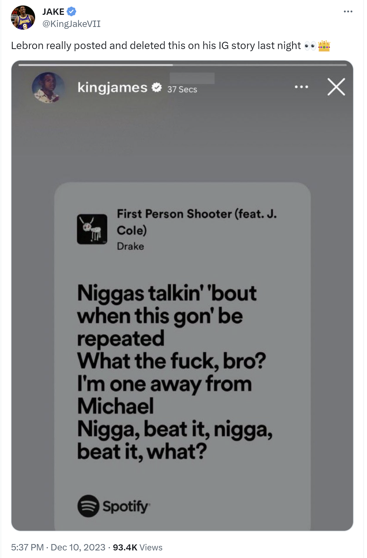 LeBron's IG Post - Drake Lyric - Deleted
