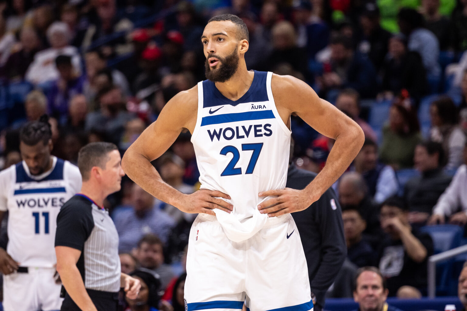 Nov 10, 2025; Salt Lake City, Utah, USA; Utah Jazz center Jusuf Nurkic (30) goes to the basket against Minnesota Timberwolves center Rudy Gobert (27) during the first quarter at Delta Center. Mandatory Credit: Rob Gray-Imagn Images