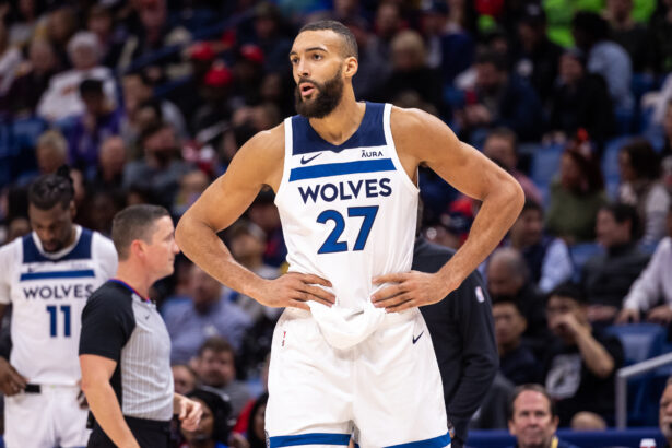 Nov 10, 2025; Salt Lake City, Utah, USA; Utah Jazz center Jusuf Nurkic (30) goes to the basket against Minnesota Timberwolves center Rudy Gobert (27) during the first quarter at Delta Center. Mandatory Credit: Rob Gray-Imagn Images