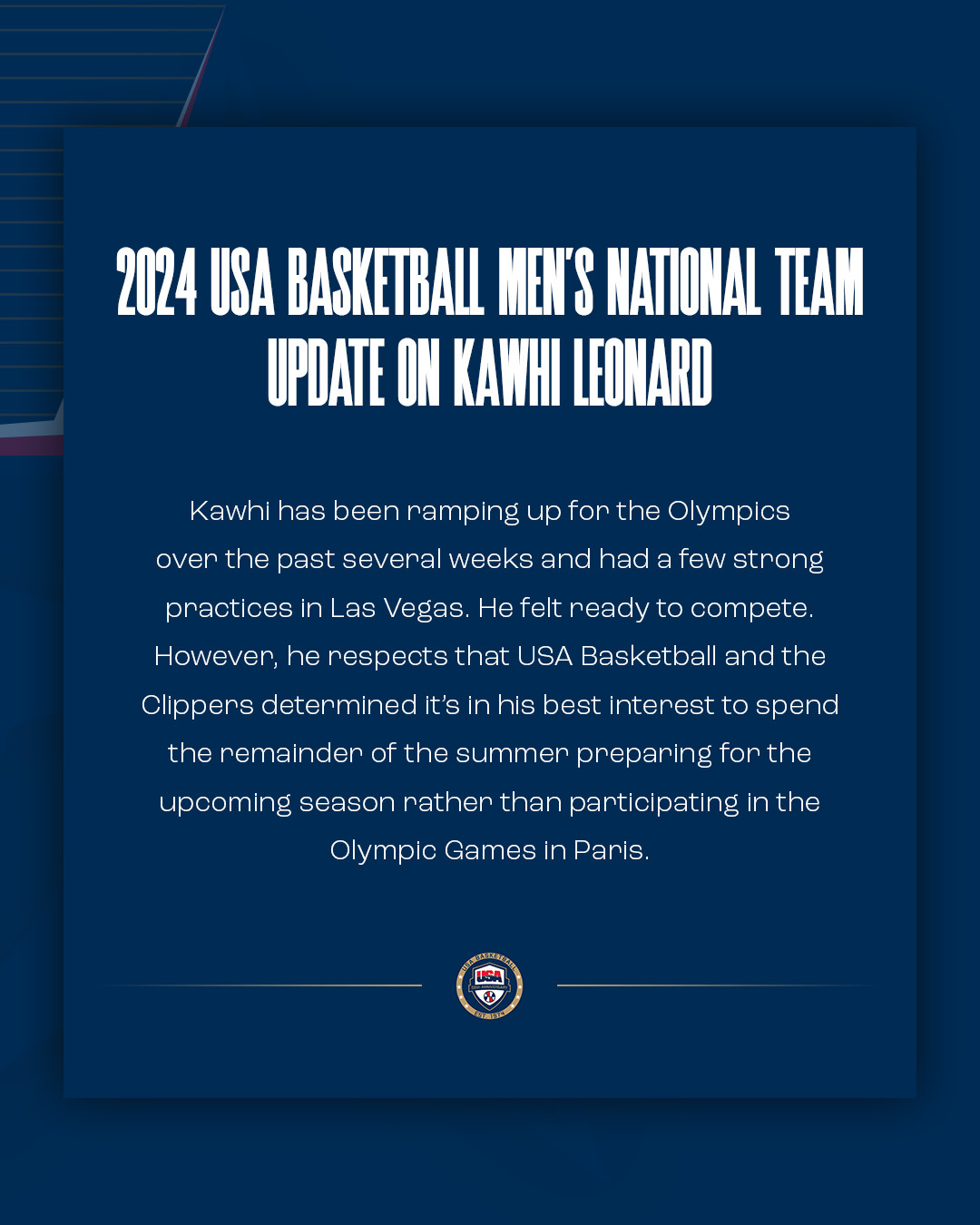 Kawhi Leonard Withdraws From Team USA Squad For 2024 Paris Olympics