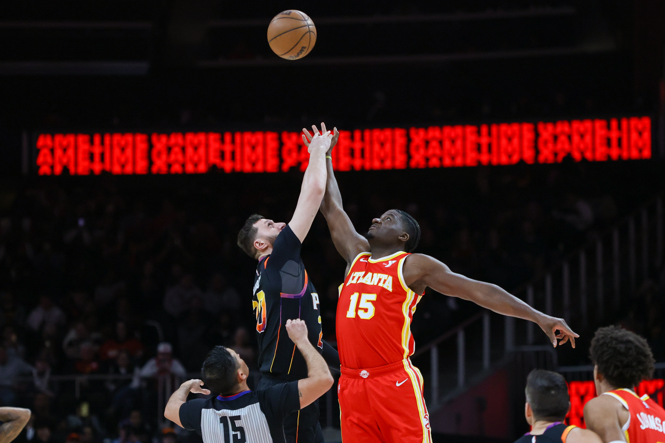 Mar 25, 2023; Atlanta, Georgia, USA; Atlanta Hawks center Clint Capela (15) grabs a rebound against the Indiana Pacers in the first quarter at State Farm Arena.