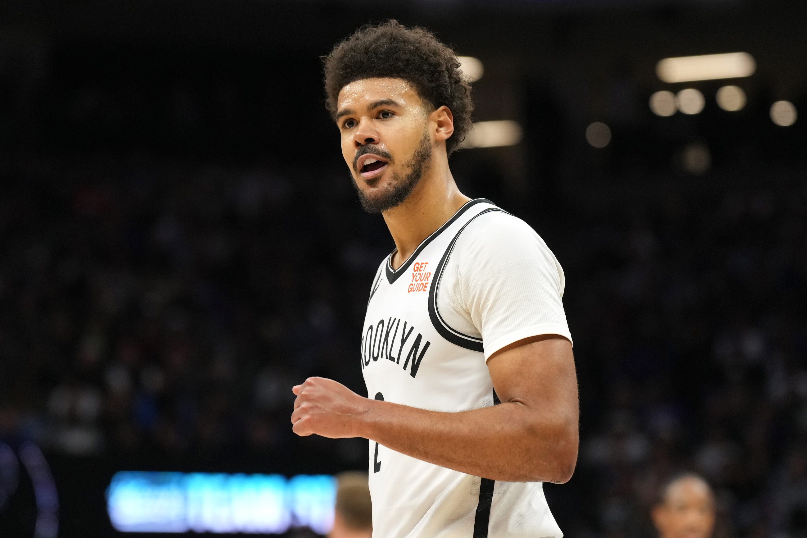 Brooklyn Nets forward Cameron Johnson (2) stands on the court in the first quarter against the Cleveland Cavaliers at Rocket Mortgage FieldHouse. Mandatory Credit: David Richard-Imagn Images