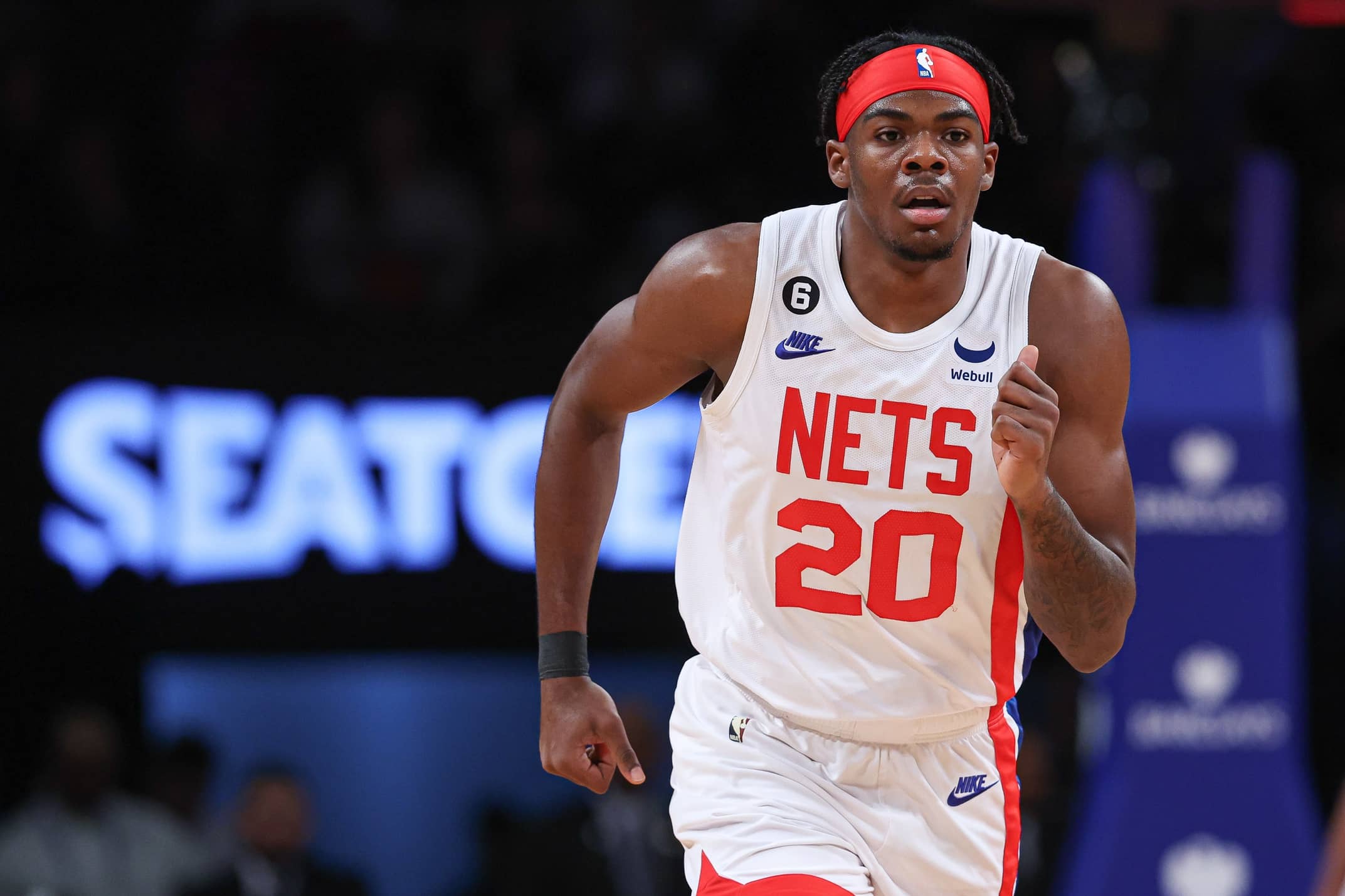 Jan 2, 2023; Brooklyn, New York, USA; Brooklyn Nets center Day'Ron Sharpe (20) runs up court during the first half against the San Antonio Spurs at Barclays Center. Mandatory Credit: Vincent Carchietta-Imagn Images  