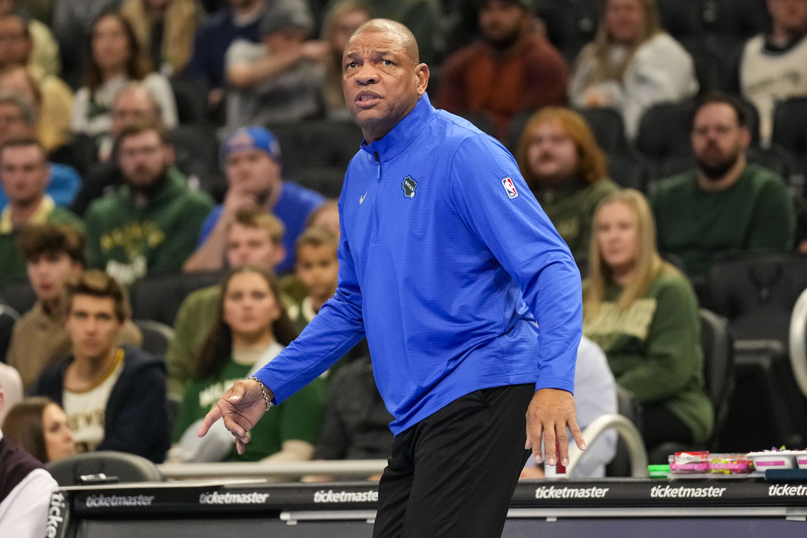 Oct 31, 2024; Memphis, Tennessee, USA; Milwaukee Bucks head coach Doc Rivers watches during the first half against the Memphis Grizzlies at FedExForum.