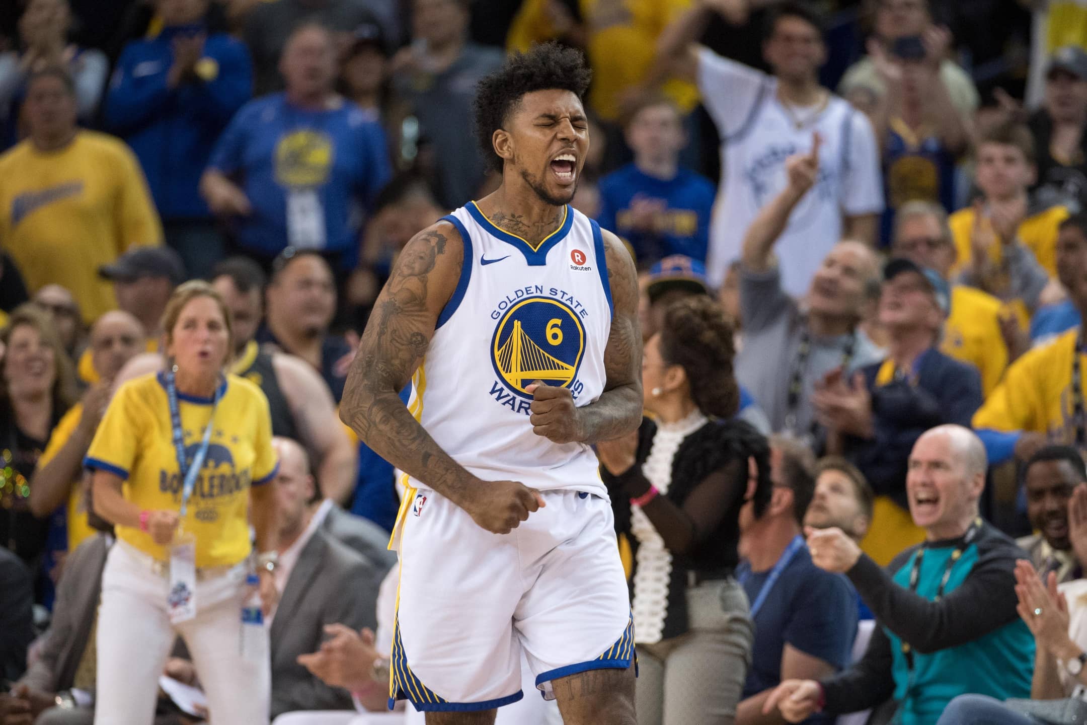 May 26, 2018; Oakland, CA, USA; Golden State Warriors guard Nick Young (6) during the fourth quarter in game six of the Western conference finals of the 2018 NBA Playoffs against the Houston Rockets at Oracle Arena. The Warriors defeated the Rockets 115-86 for a 3-3 tie in the series.