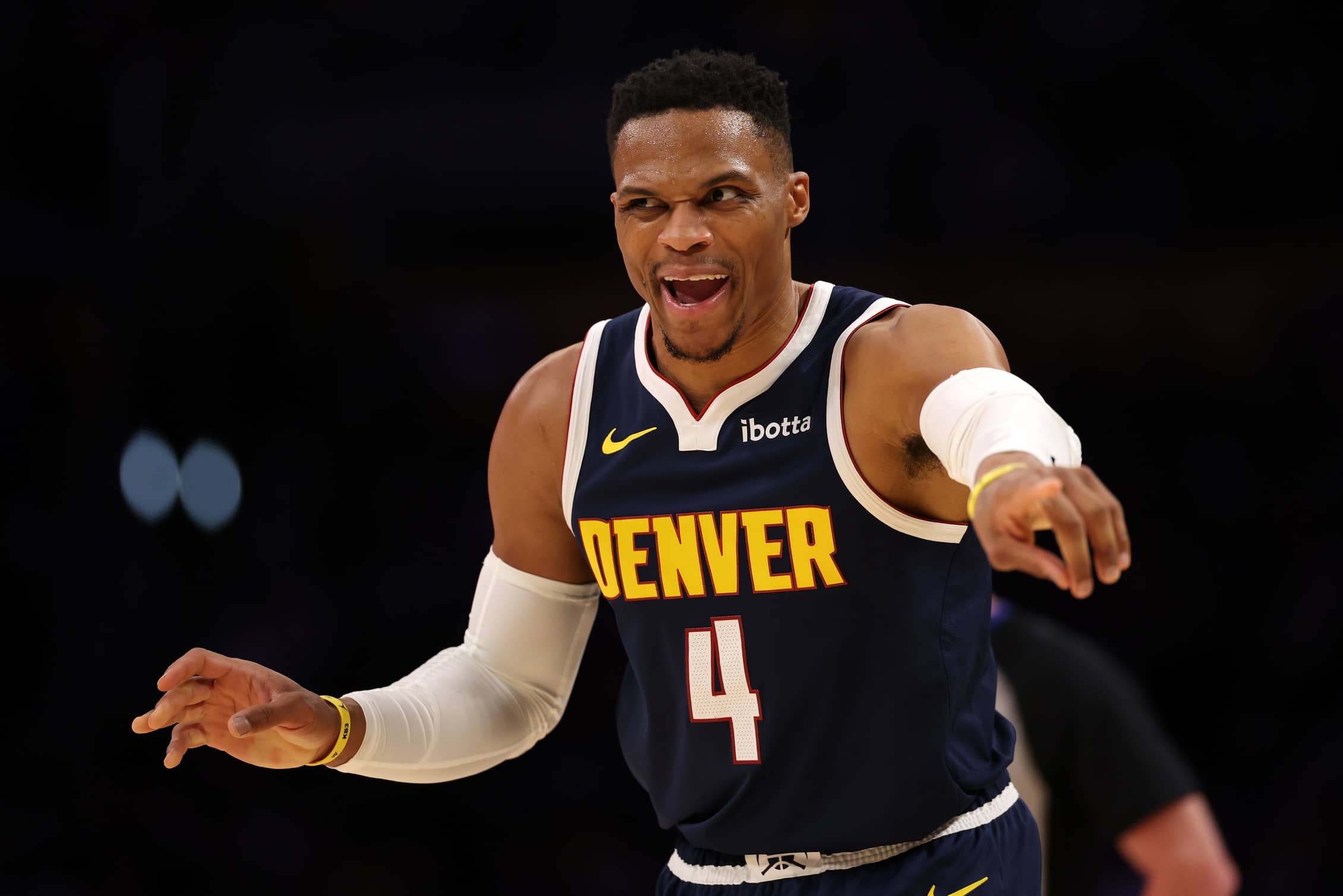 Nov 23, 2024; Los Angeles, California, USA; Denver Nuggets guard Russell Westbrook (4) reacts to a play during the third quarter against the Los Angeles Lakers at Crypto.com Arena. Mandatory Credit: Kiyoshi Mio-Imagn Images  