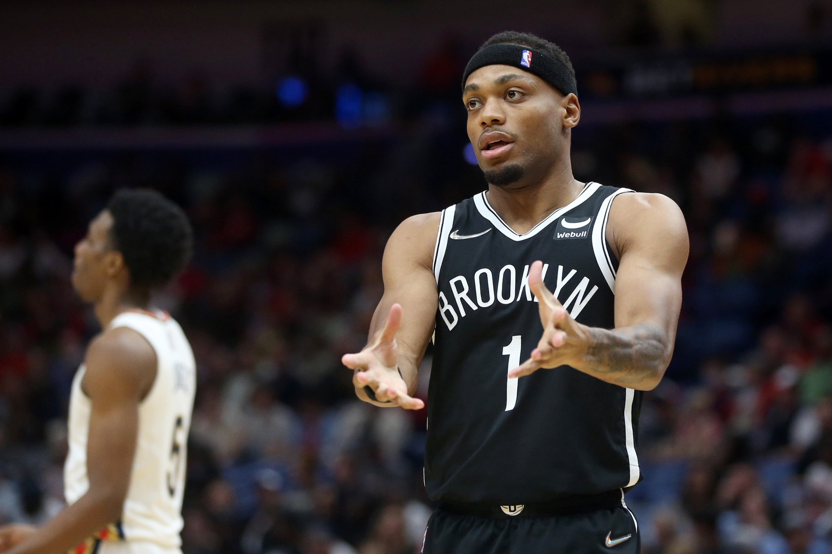 Nov 12, 2021; New Orleans, Louisiana, USA; Brooklyn Nets forward Bruce Brown (1) gestures while talking to an official during the second half against the New Orleans Pelicans at the Smoothie King Center.